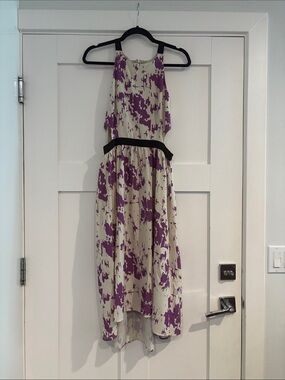 Karen Zambos Cream Dress with Black and Purple Trim